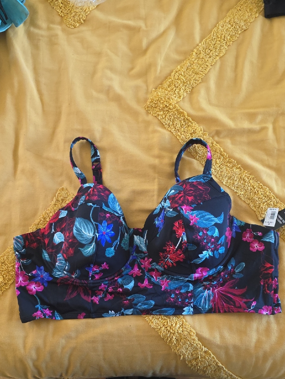 Floral Longline Underwire Bathing Suit Top- Black with Pink & Blue Floral
